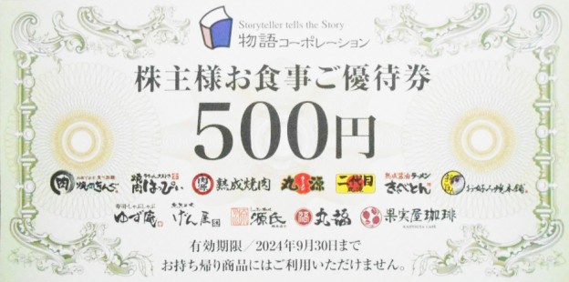 物語コーポレーション（焼肉きんぐ等）株主優待券 500円券 2024年9月30日期限 | 飲食関連券・食事ギフト券の買取ならチケットレンジャー