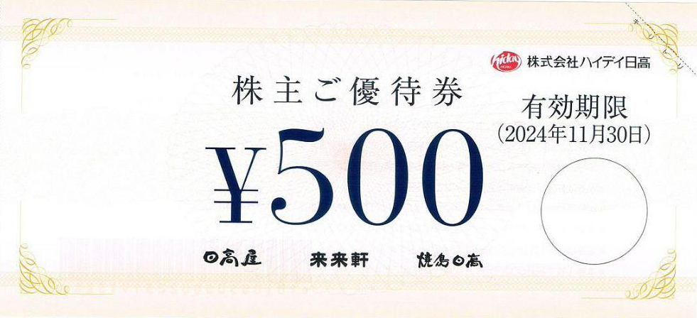 ハイデイ日高(日高屋)株主優待券 500円券 2024年11月30日期限 | 飲食