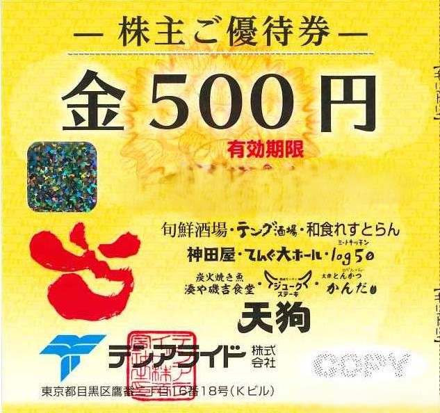 テンアライド（天狗・テング酒場他）株主優待券 500円券 2024年6月30日 
