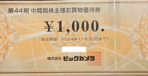ビックカメラ株主優待券1,000円券 2024年11月30日期限