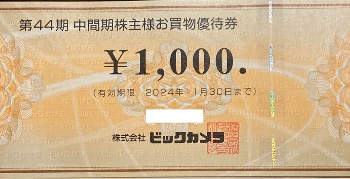 ビックカメラ株主優待券1,000円券 2024年11月30日期限 | 専門店商品券・株主優待券の買取ならチケットレンジャー