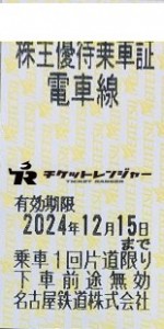 名古屋鉄道（名鉄）株主優待乗車証（切符タイプ）2024年12月15日期限