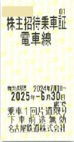 名古屋鉄道（名鉄）株主優待乗車証（切符タイプ）2025年6月30日期限