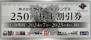 ヴィアホールディングス（魚や一丁・いちげん・やきとりの扇屋など）株主割引券 250円券 2025年6月30日期限